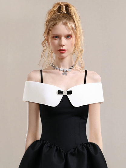 CHECOCRE Stubble French fashion suspender off-the-shoulder black Hepburn-style dress  - TEAR ?