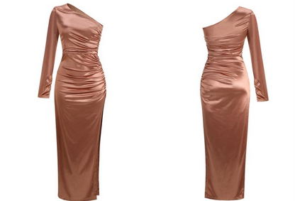 DOLLY Elegant Peach French Style Slopping Shoulder Long Sleeve Dinner Dress-ESME