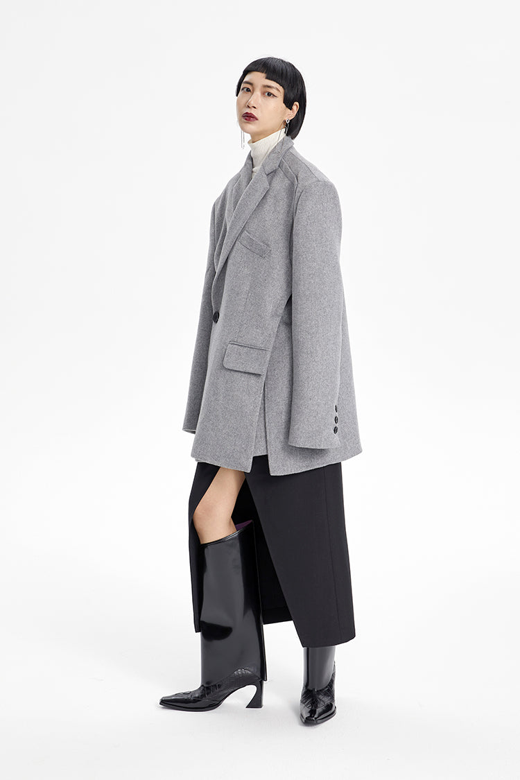 TINY IN misplaced silhouette wool women's midi grey coat -YAMO