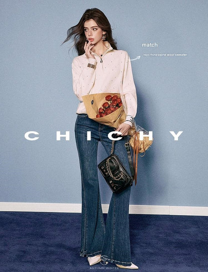CHICHY High Street Retro Bootcut Blue High-Waisted Length Pants-LEXI