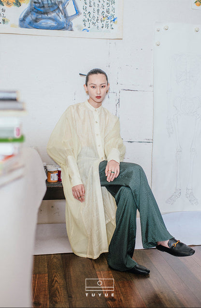TUYUE Dark Green Satin Woven Elastic Waist Straight Casual Pants- RUBY.