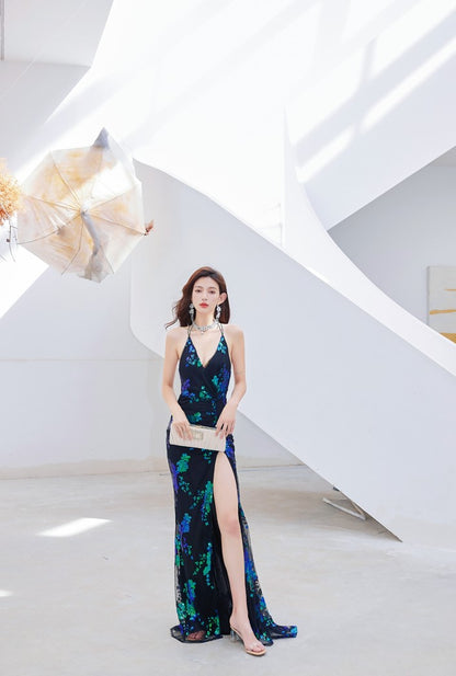 DOLLY High End Sleeveless V-Neck Halter Neck Backless Sexy Long Dress-LEAH