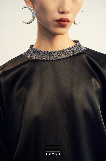 TUYUE Knit Collar Black Acetate Satin Silhouette Top - ARCHER.