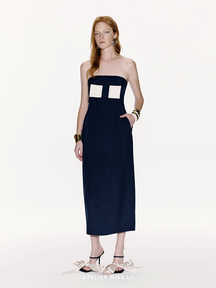 ATELIER MISS LU Spring And Summer Geometric Ribbon Waist Bandeau Dress - BEAUTY.