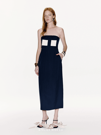 ATELIER MISS LU Spring And Summer Geometric Ribbon Waist Bandeau Dress - BEAUTY.