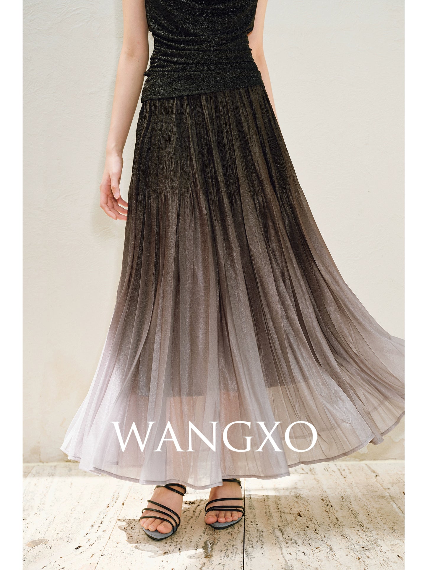 WANGXO |High-Waisted Umbrella Hem Romantic Skirt with Luxe Shimmer-LINA