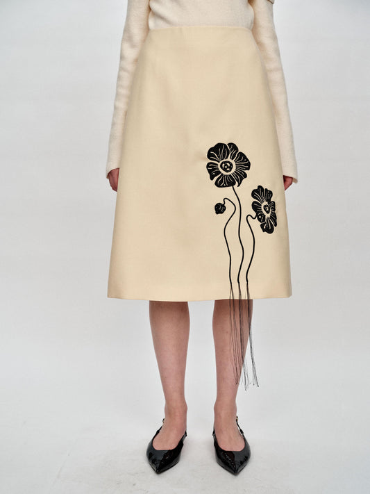 SERRER Flower embroidery nail beads pale yellow fringed umbrella skirt - FUNMI.