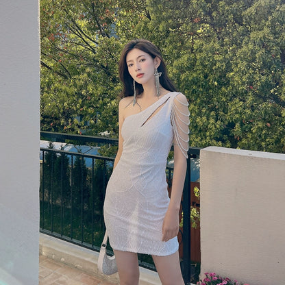 DOLLY Elegant Slant Collar Sleeveless Splice Sequin Slim Fit Dinner Guest Dress-NANA