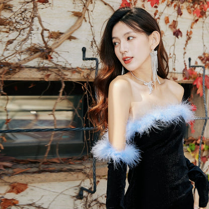 DOLLY Elegant Black Off Shoulder Blue Furry Tube Top Short Velvet Party Dress-URIEL