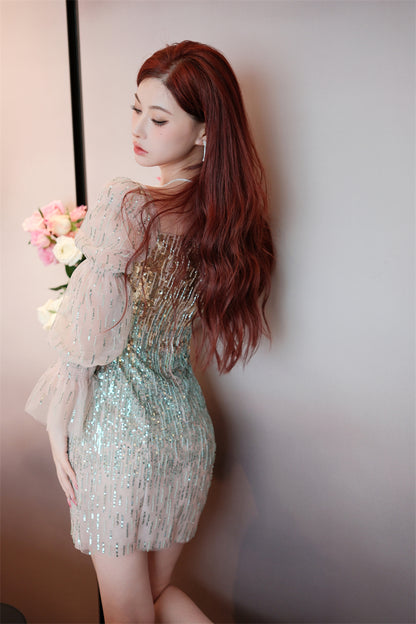 Wardrobes by Chen High End Golden Green multi color sequince mini dress-Serah