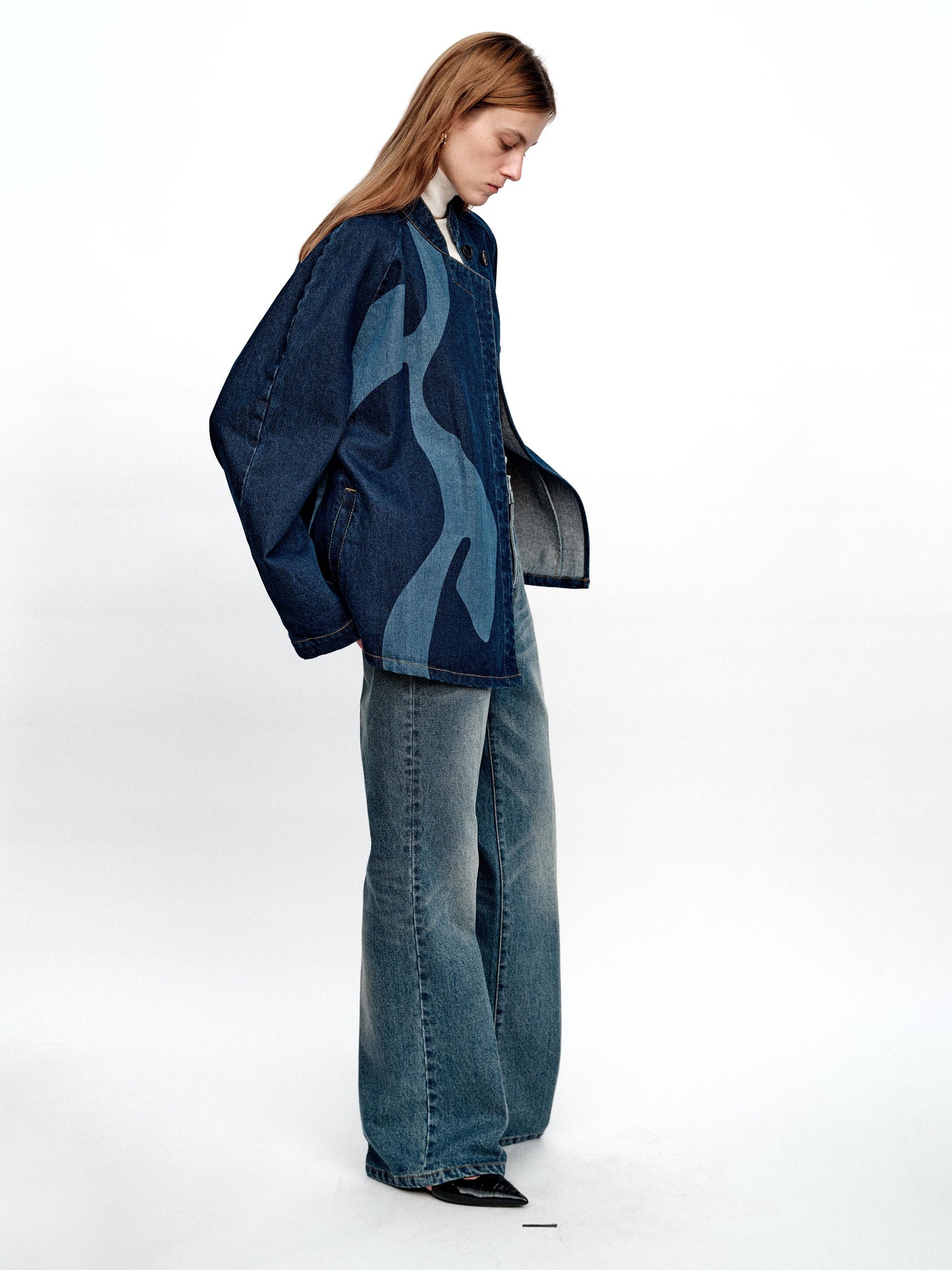 SERRER Abstract body print asymmetrical denim jacket - DAVID.