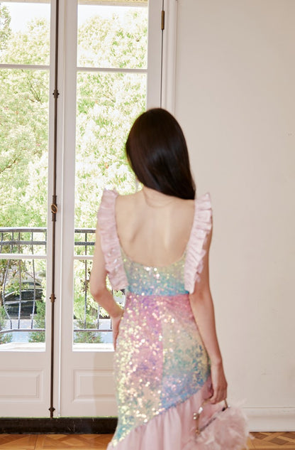 DOLLY Luxury Gradient Deep V-Neck Sleeveless Sequin Long Backless Party Dress-IVETTE