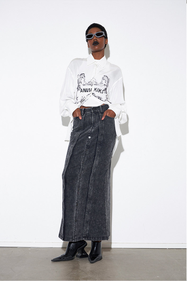 ANNAKIK autumn niche designer gray black two-piece denim skirt-NAYUTA