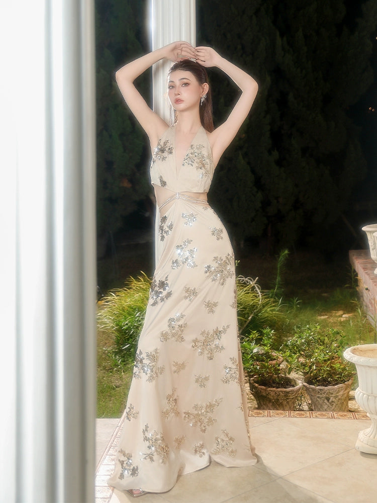 Wardrobes by Chen Luxury Sleeveless Halter Neck Long Sequin Long Banquet Dress-JOLA Wardrobes by Chen Luxury Sleeveless Halter Neck Long Sequin Long Banquet Dress-JOLA