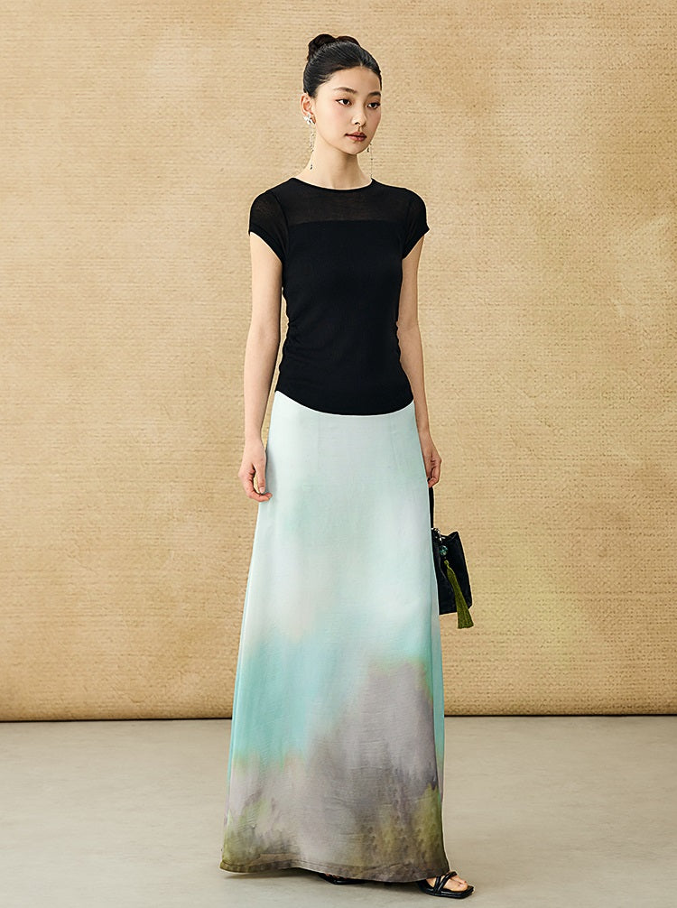 HECO Chinese style slightly transparent round neck knitted short sleeve T-shirt -BING.