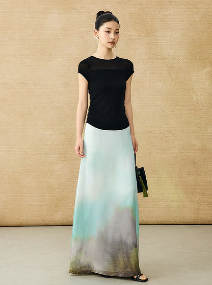 HECO Chinese style slightly transparent round neck knitted short sleeve T-shirt -BING.