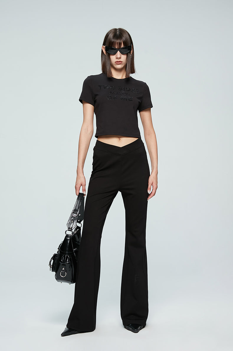 ANNAKIKI Designer Black V-Waist Bootcut Pants Casual Pants-CARTI