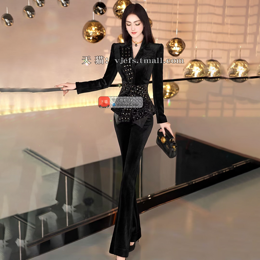 VJE Thickened Velvet Jacket Flared Pants Two-Piece Set Suit-NINI.