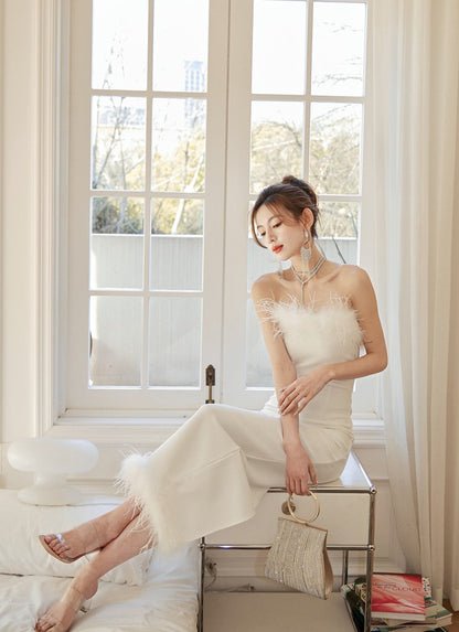 DOLLY Luxury White French Style Sleeveless Feather Tube Top Long Party Dress-HEIDI