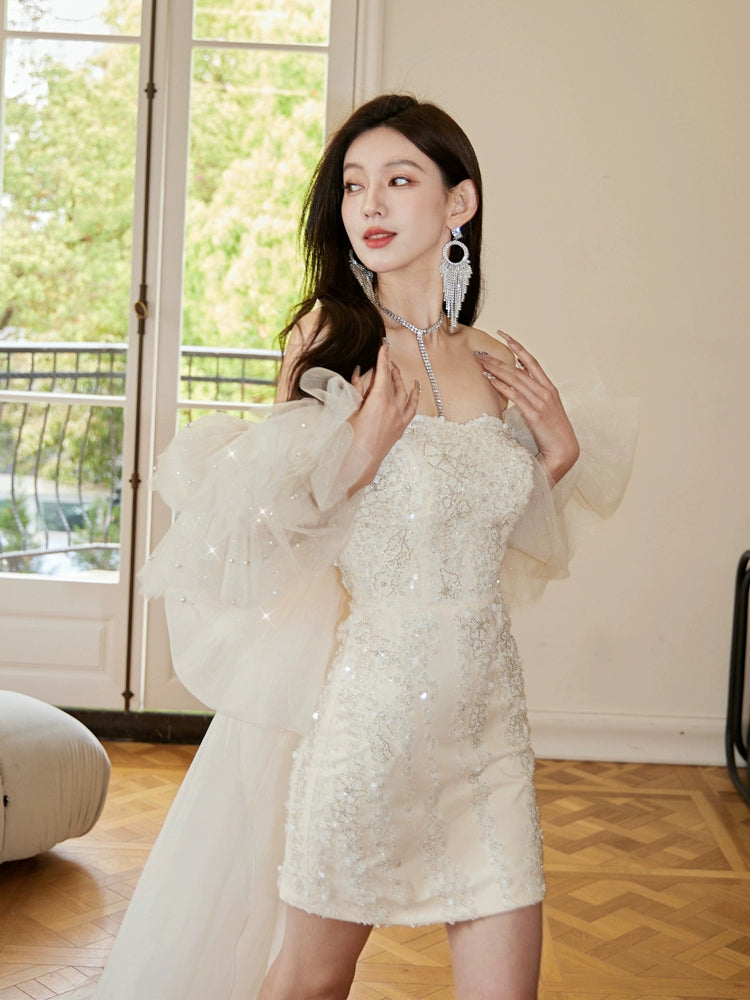 DOLLY Elegant White Flower Off Shoulder Short Puff Sleeves Short Dinner Dress-OTHELLA