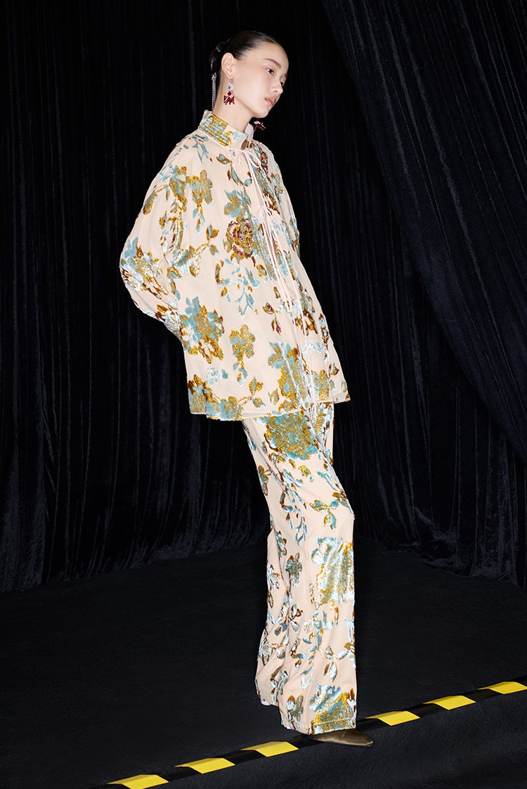 M essential Mackay designer brand Qili burnt flower velvet beads loose top - WORD.