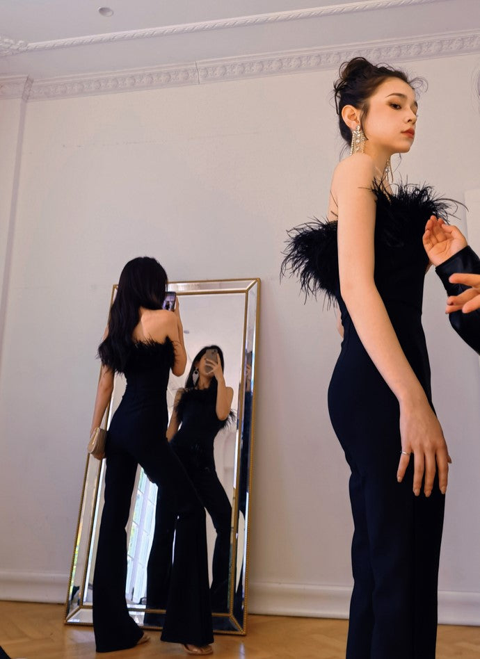 DOLLY High End Black Sleeveless Feather Tube Top Long Flared Pant Jumpsuit-PALMER