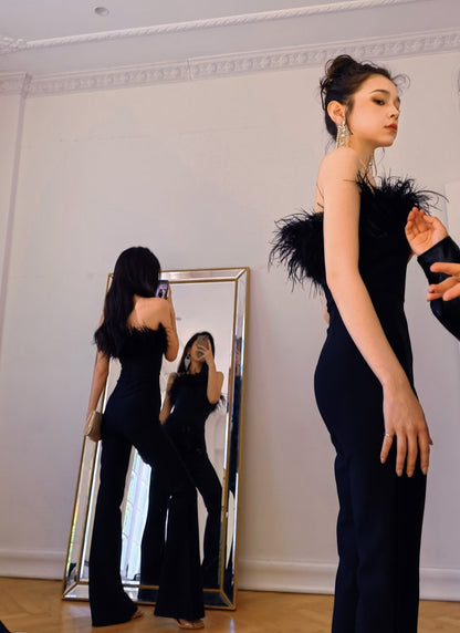 DOLLY High End Black Sleeveless Feather Tube Top Long Flared Pant Jumpsuit-PALMER
