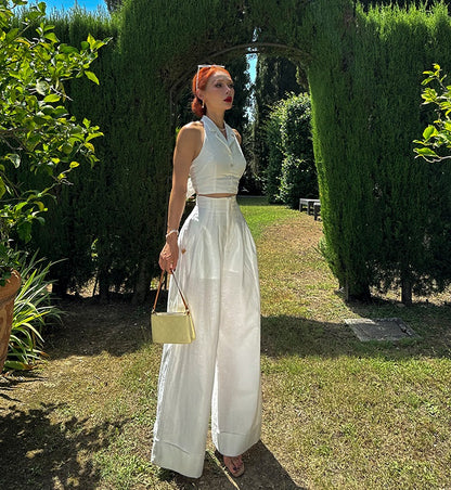 Le Palais Vintage Elegant Pure White Cotton and Linen Halter neck Vest High Waist Swing Skirt-MIA