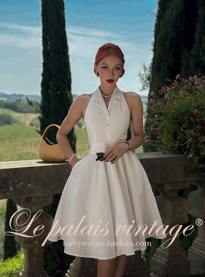 Le Palais Vintage Elegant Pure White Cotton and Linen Halter neck Vest High Waist Swing Skirt-MIA