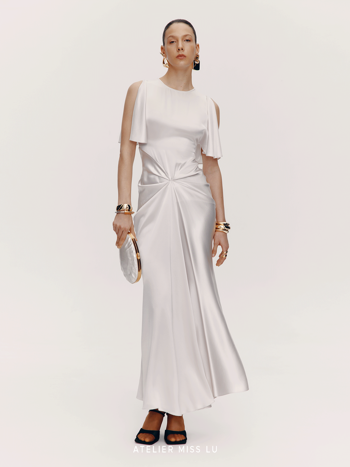 ATELIER MISS LU Draped Acetate Blend Flowing Sleeve Dress - ICING