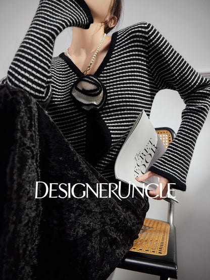 DGU "Lanxi" black knitted sweater striped French retro slimming top - IMOGEN.