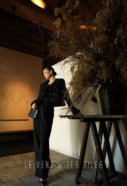 LE VENT&TES AILES High-end Luxury Heavy Work sequin Tweed Jacket Skirt Suit-FINN