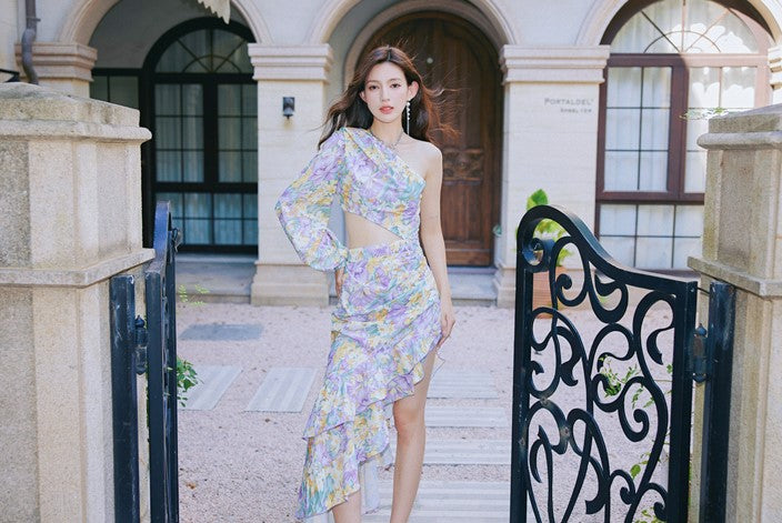 DOLLY Elegant Slant Collar Long Puff Sleeve Hollow Irregular Ruffled Hem Dress-KIERA