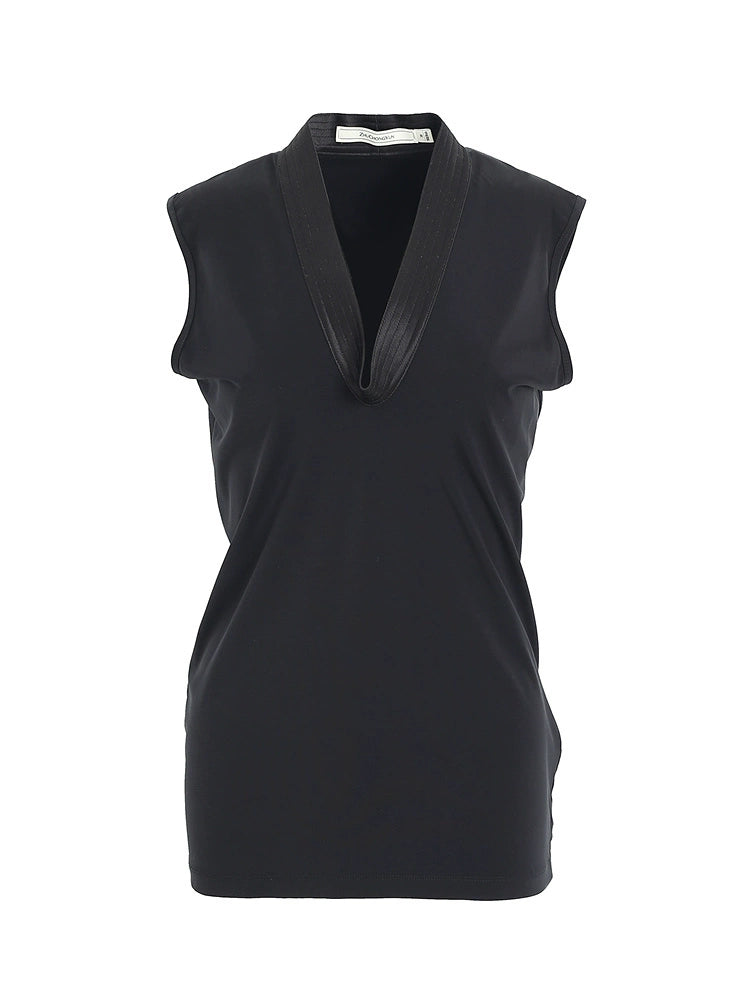 ZHUCHONGYUN Black Stand Up Collar Sleeveless Slim top--SHUN.