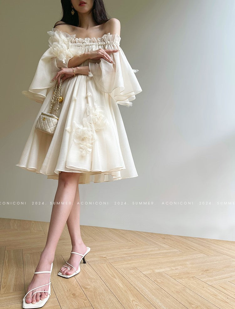Aconiconi Luxury Off-Shoulder Flower Short Sleeve bridal baby doll Dress - Magnolia Lotus Fragrance