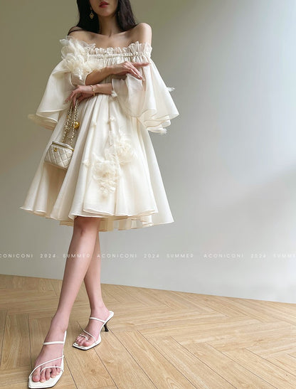 Aconiconi Luxury Off-Shoulder Flower Short Sleeve bridal baby doll Dress - Magnolia Lotus Fragrance