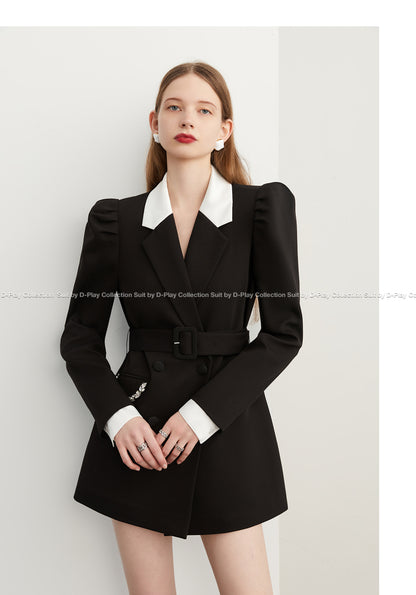 Fall Autumn Premium Black and White Contrast  crystal pocket Blazer dress- Darlyn