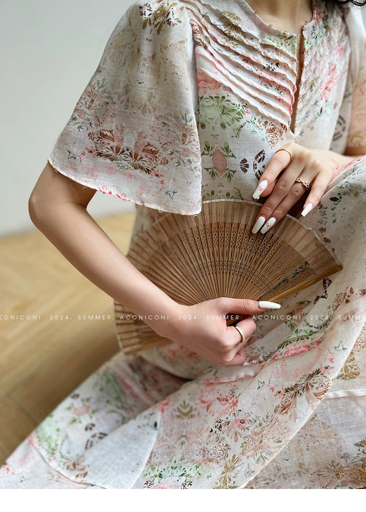 AconiconI Elegant Retro Flower Print Short Sleeve Loose Long Dress- Sweet Early Summer