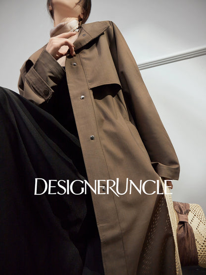 DGU |Dark Brown Trench light Luxury Design coat Collar Temperament Long Niche Top - Antonia.