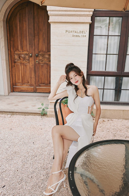 DOLLY Elegant Ruffled Off Shoulder Hollow Waist Irregular Hem Dinner Dress-NINA