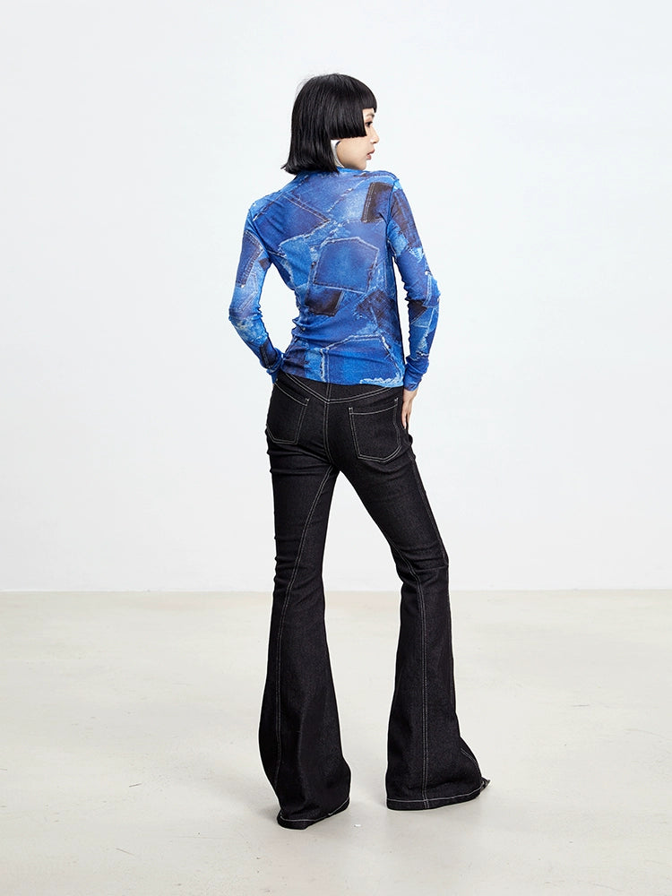 TINY IN black flared women's stitched versatile jeans-RIZU