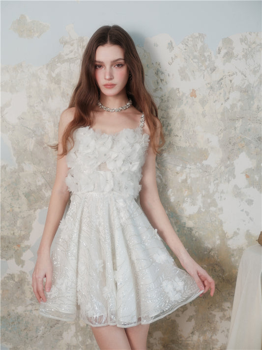 Wardrobes by Chen Elegant White Sleeveless  Diamond Sequin Floral Dress-Ona