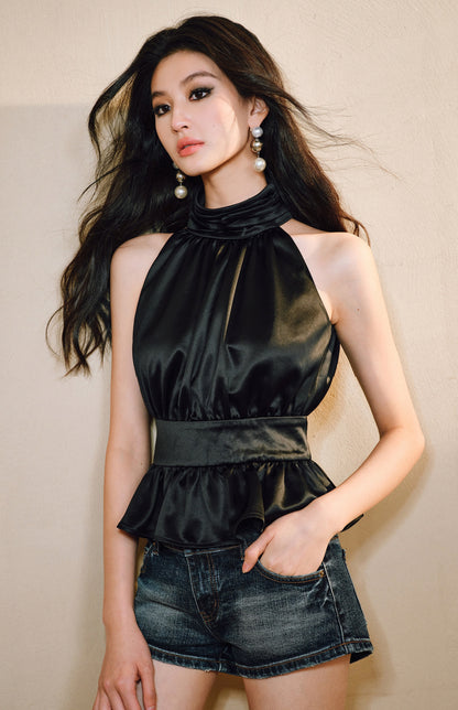 WANGXO Acetate Satin Silky Smooth Collar Cut-Out Aesthetics Shirred Waist Umbrella Top - VIOLA