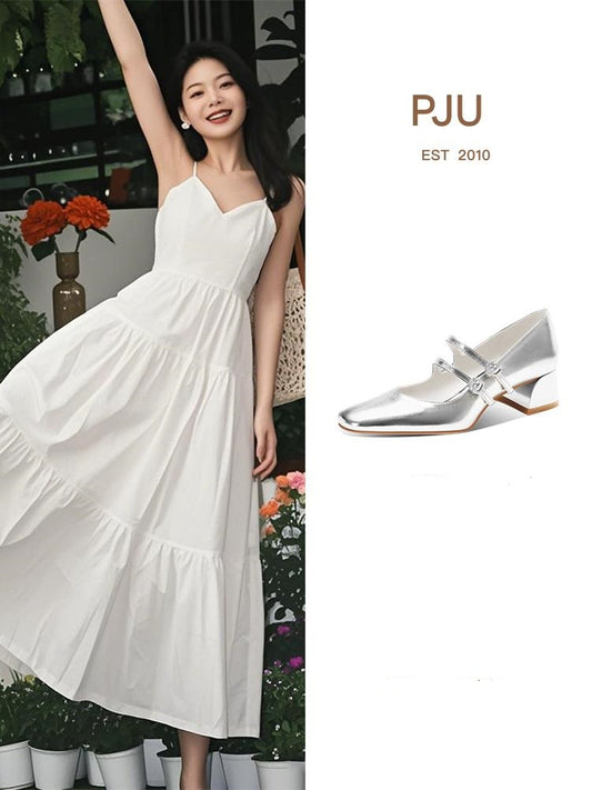 Pjjuu French Silver Mary Jane Small Leather Shoes  - BROKE