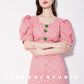 Retro decorative button puff sleeve square neck floral dress - Talli