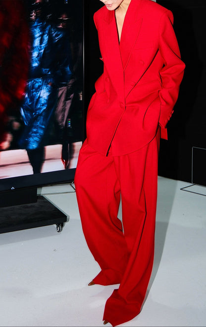 MEI SANGUAN Wool-Blend Red Blazer & Floor-Length Slacks Suit - MOSES