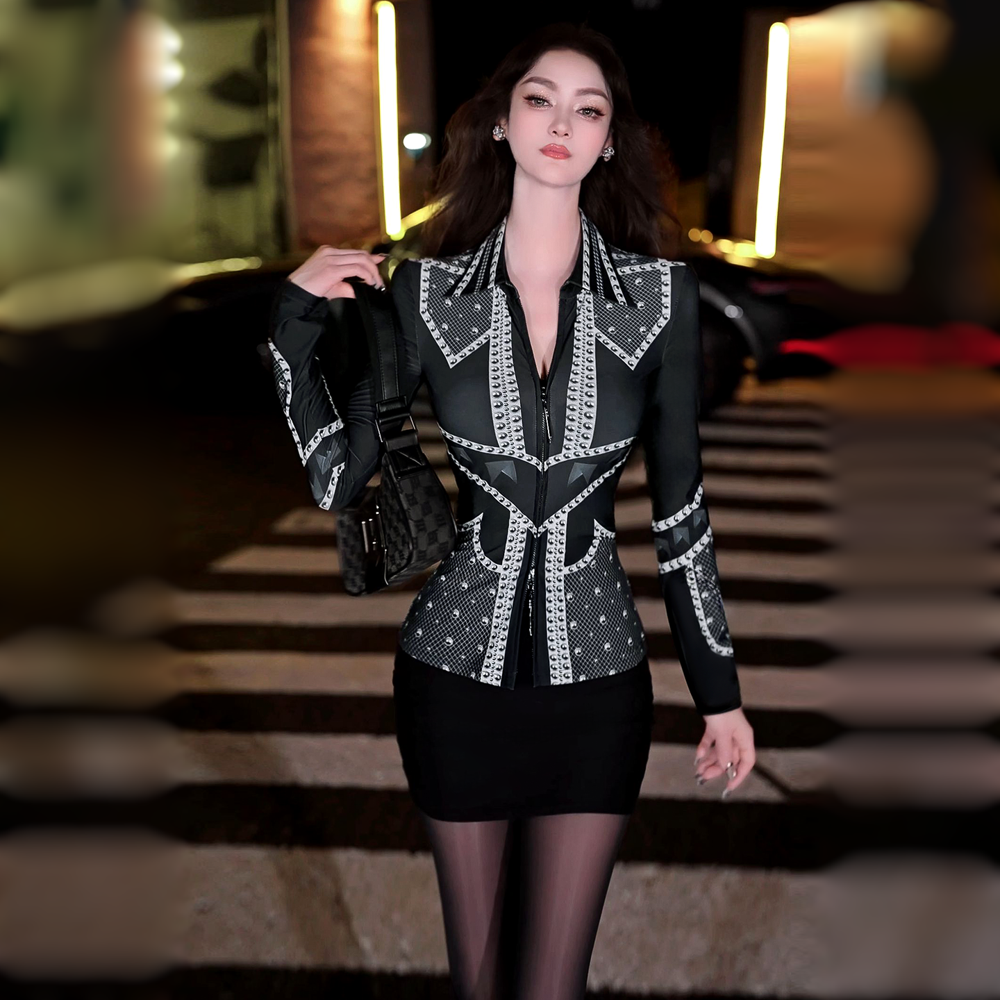 VJE  Rivet Print Slim Cardigan Slim Inner Base Shirt-OZO.