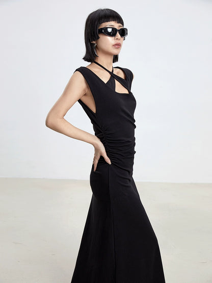 TINY IN cross-neck pleated knit maxi black dress-AYA