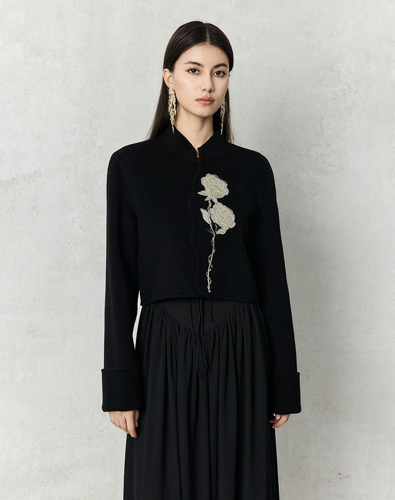 HECO 100% wool Embroidery Red black Short Double-Sided Tweed Jacket Women - out.