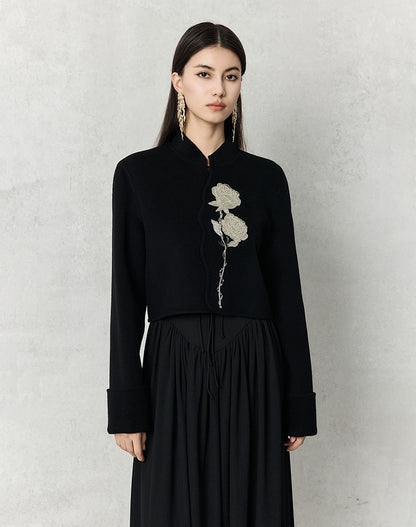 HECO 100% wool Embroidery Red black Short Double-Sided Tweed Jacket Women - out.